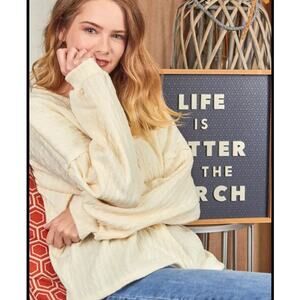 New P.S. Kate Textured Sweater Knit Top White Long Sleeve Size Small